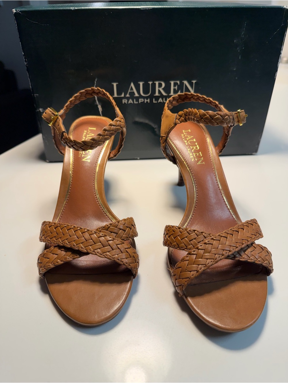 Ralph Lauren Brown Braided Leather Ankle-Strap Heels